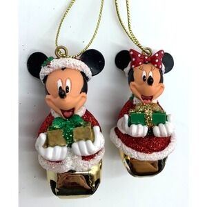 Disney Mickey Minnie Christmas Bell Ornaments Santa Outfit Holding Gifts Set 2